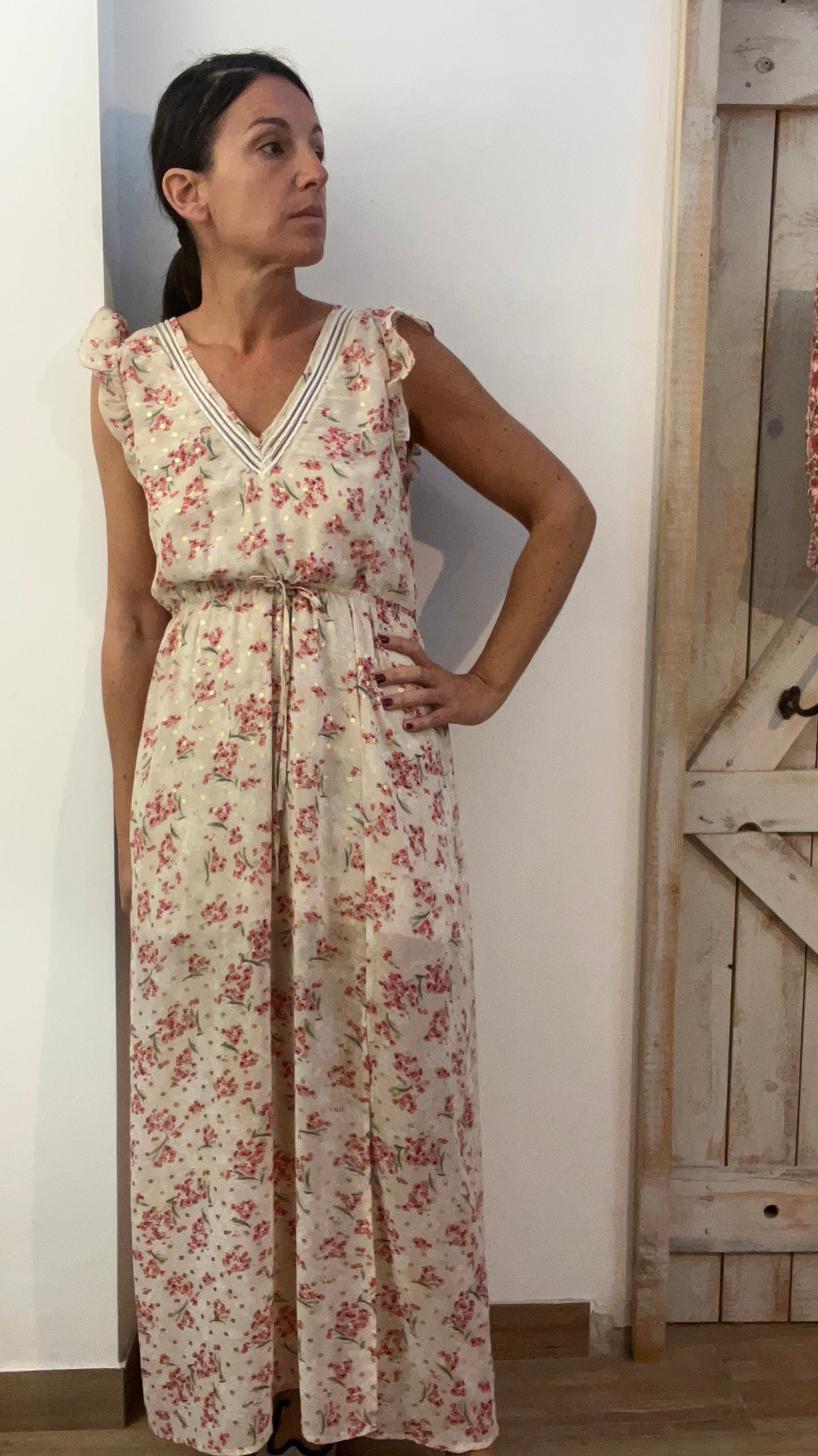 Abito lungo stampato con filo di lurex