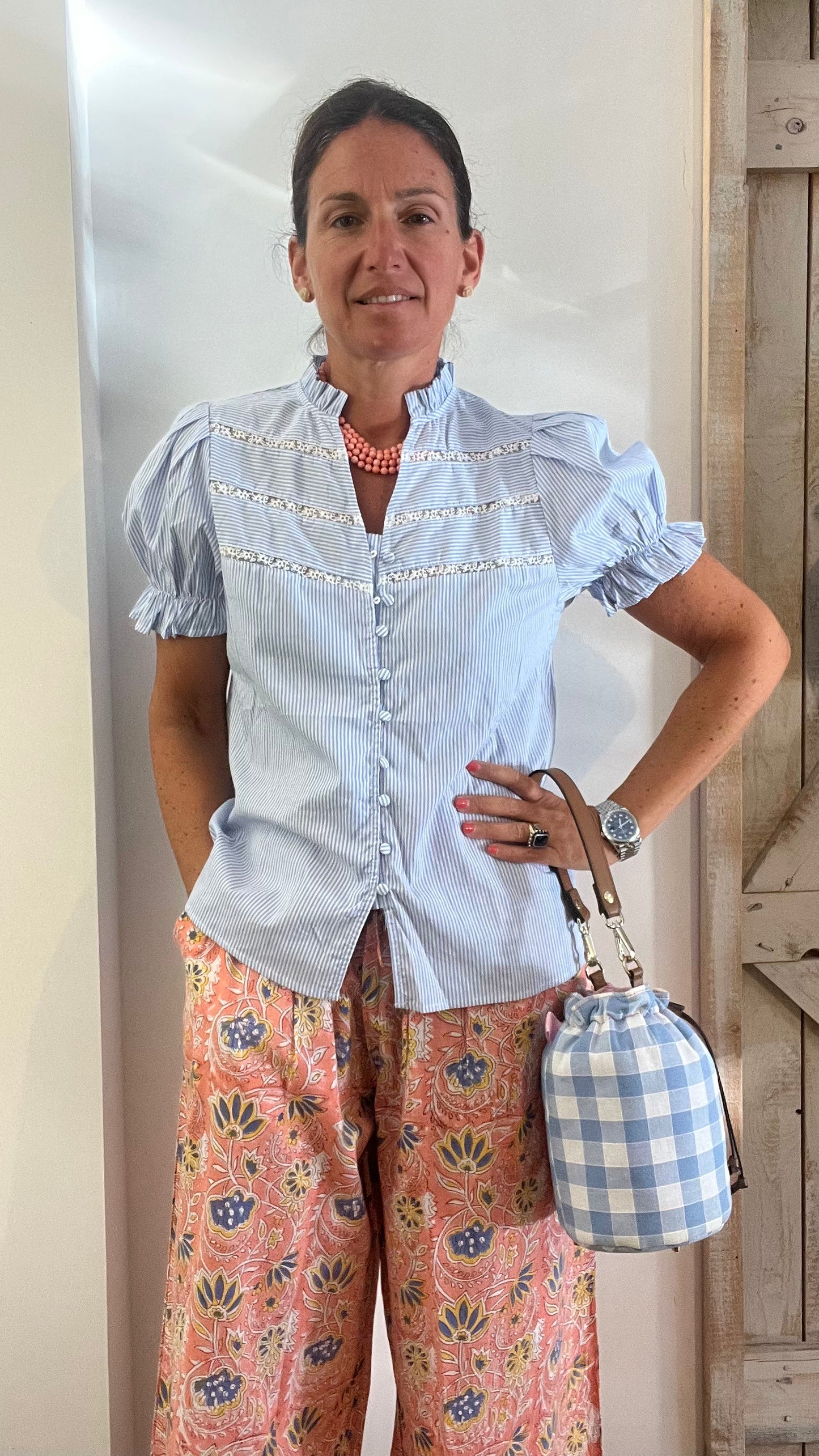 Top di cotone a micro righe