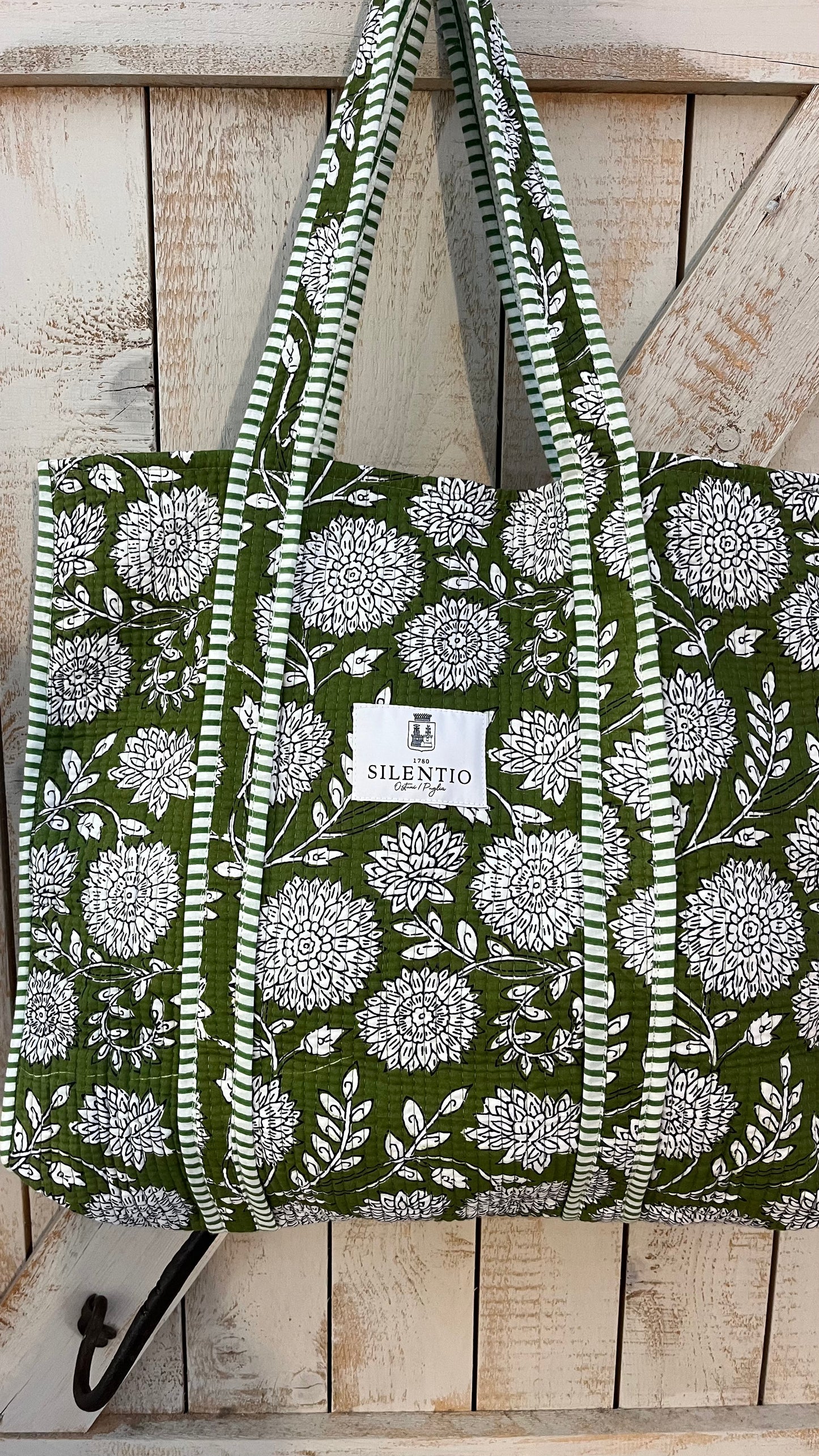 Maxi shopper di cotone padded stampata a mano