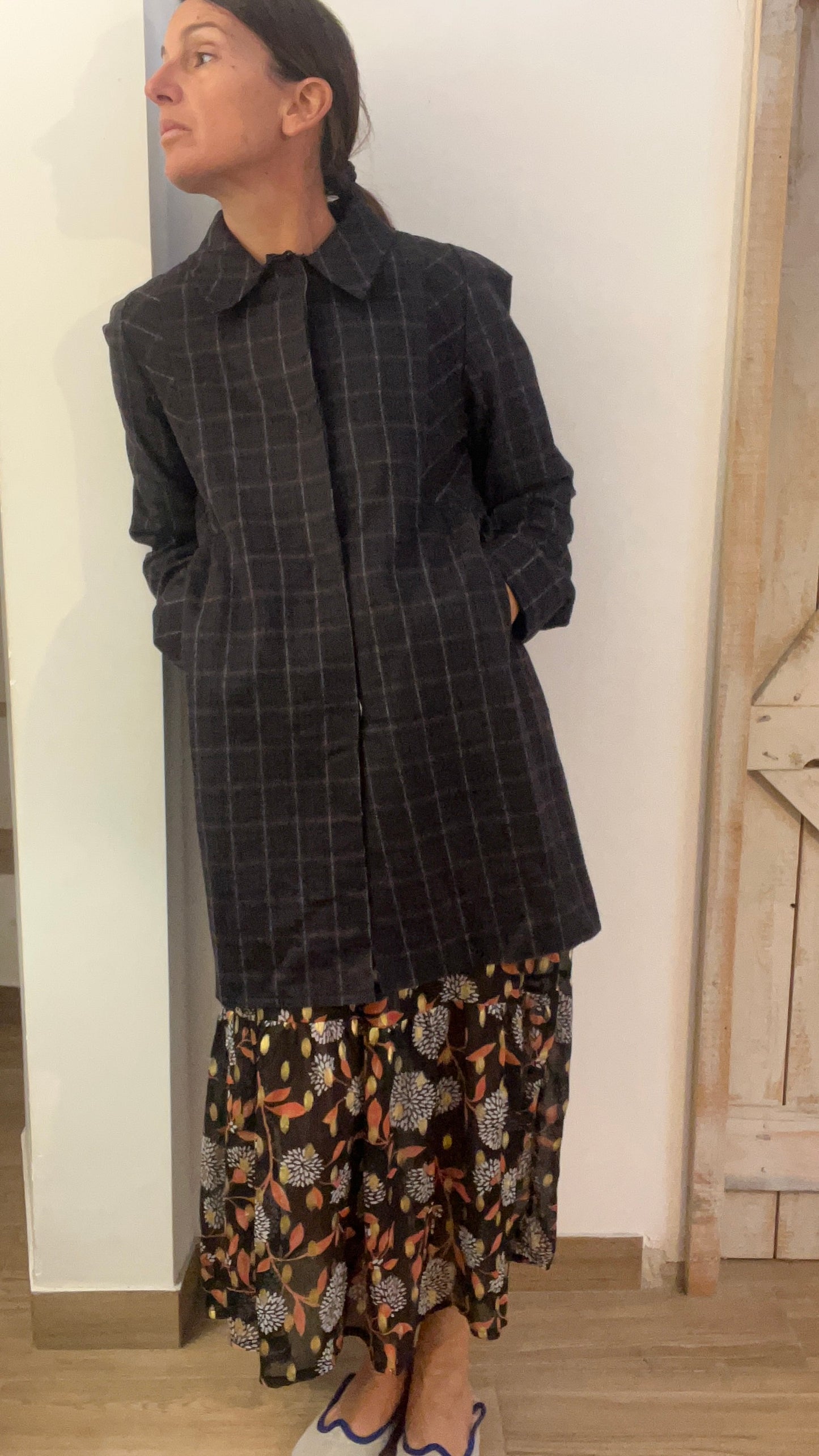 Check print wool coat