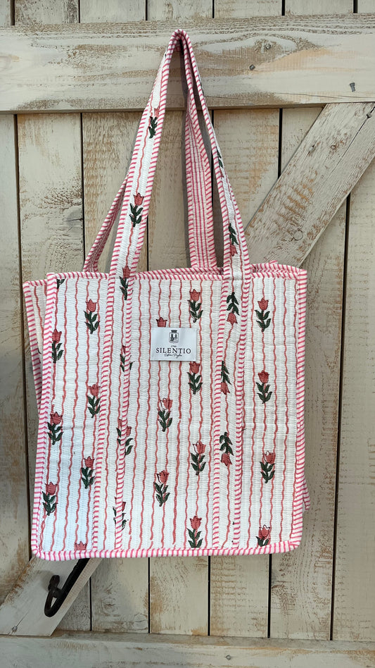 Shopper di cotone padded stampata a mano
