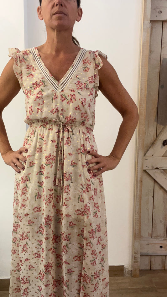Abito lungo stampato con filo di lurex