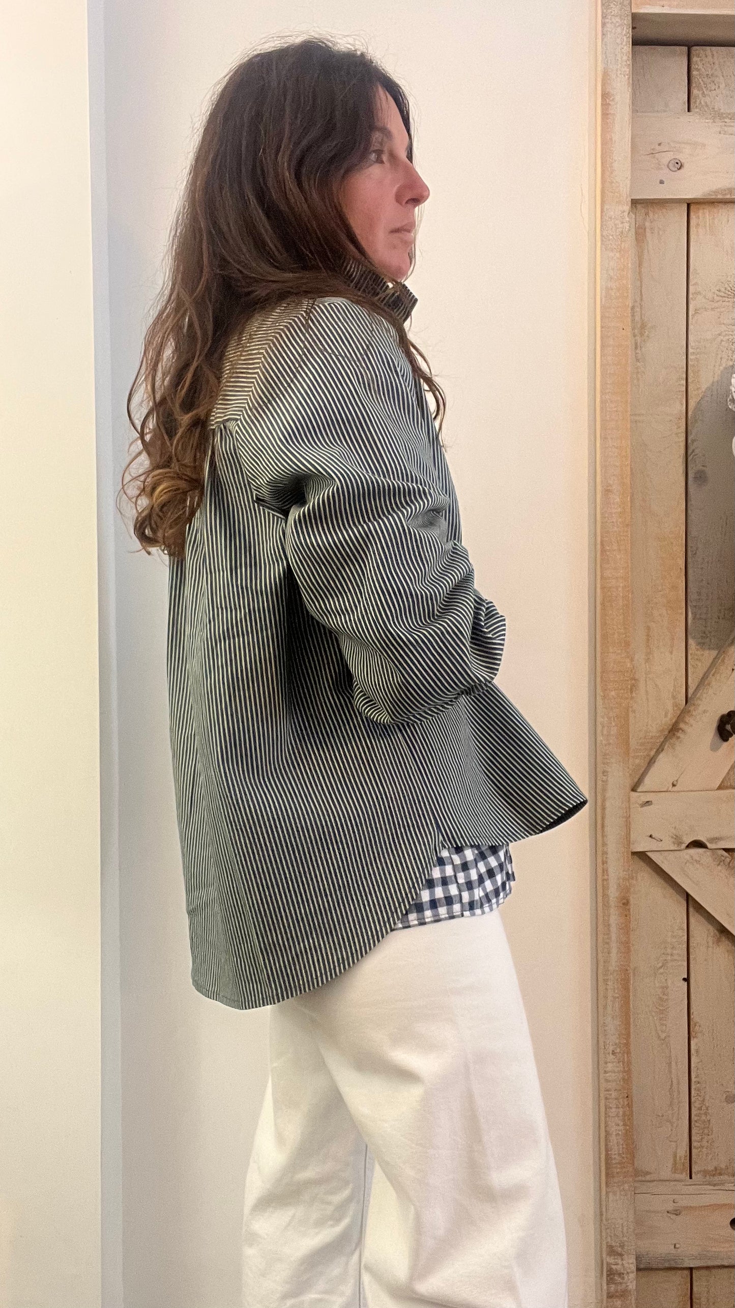 Giacca camicia in cotone denim con micro righe