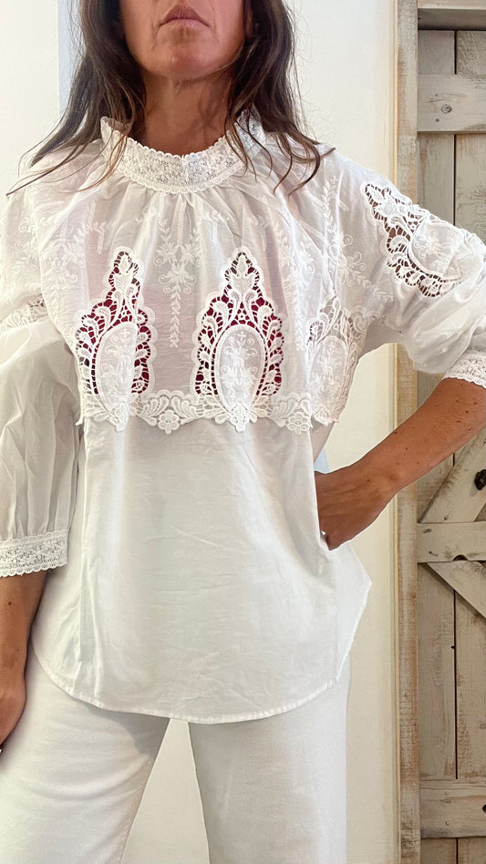 Camicia di cotone con inserti di pizzo
