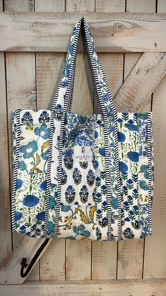 Maxi shopper di cotone padded stampata a mano