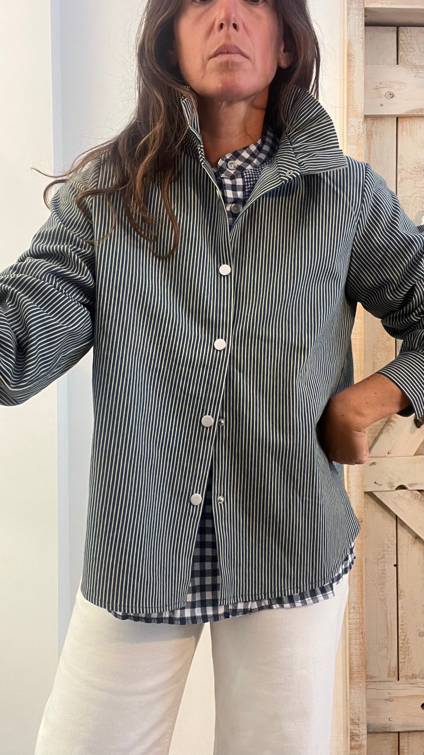 Giacca camicia in cotone denim con micro righe