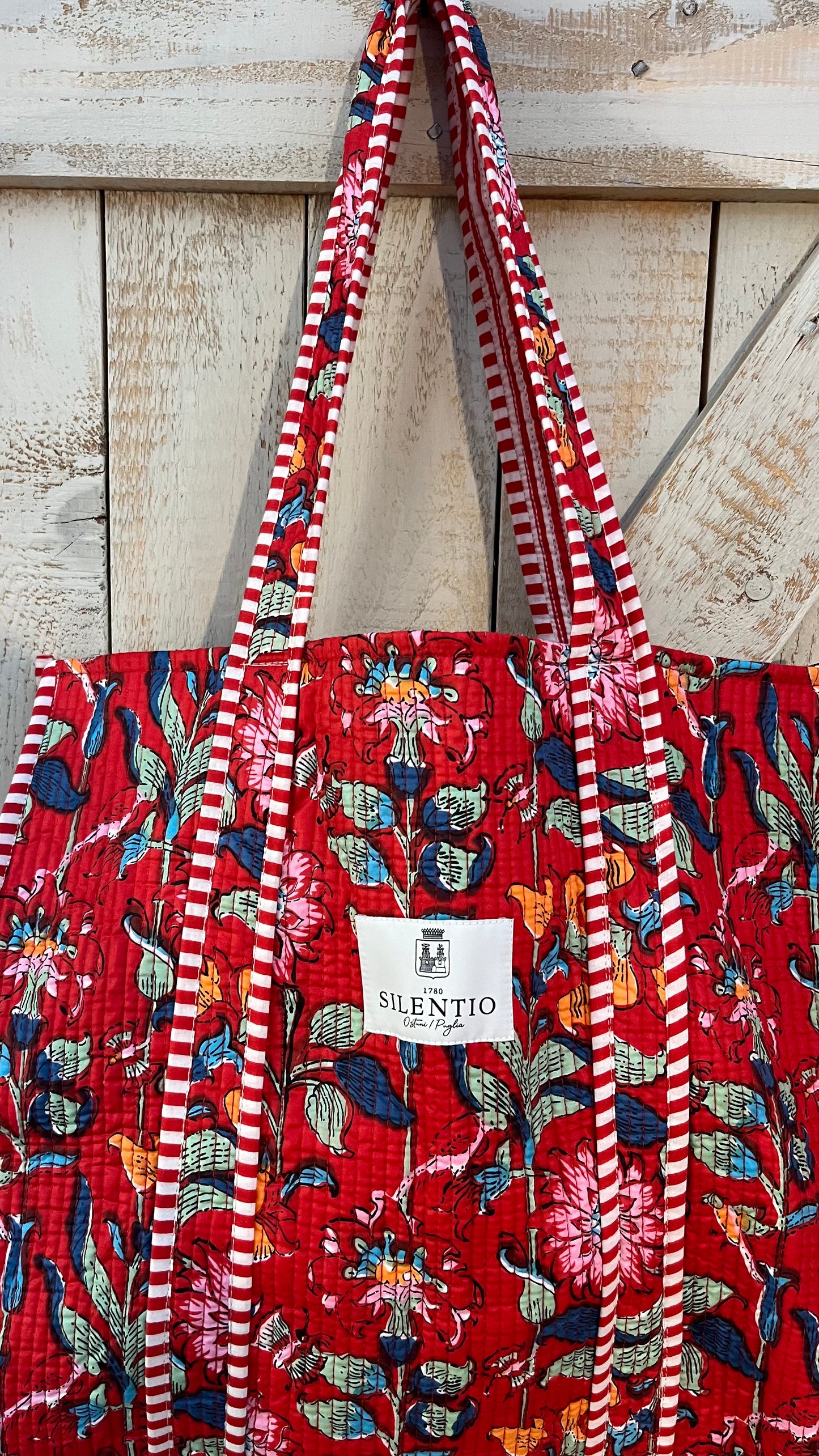 Maxi shopper di cotone padded stampata a mano