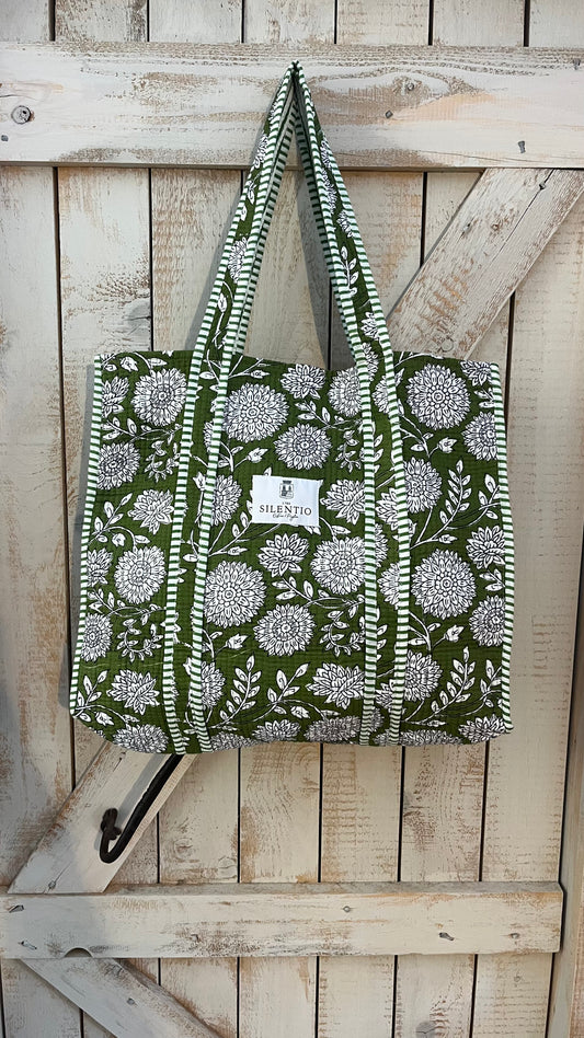 Maxi shopper di cotone padded stampata a mano