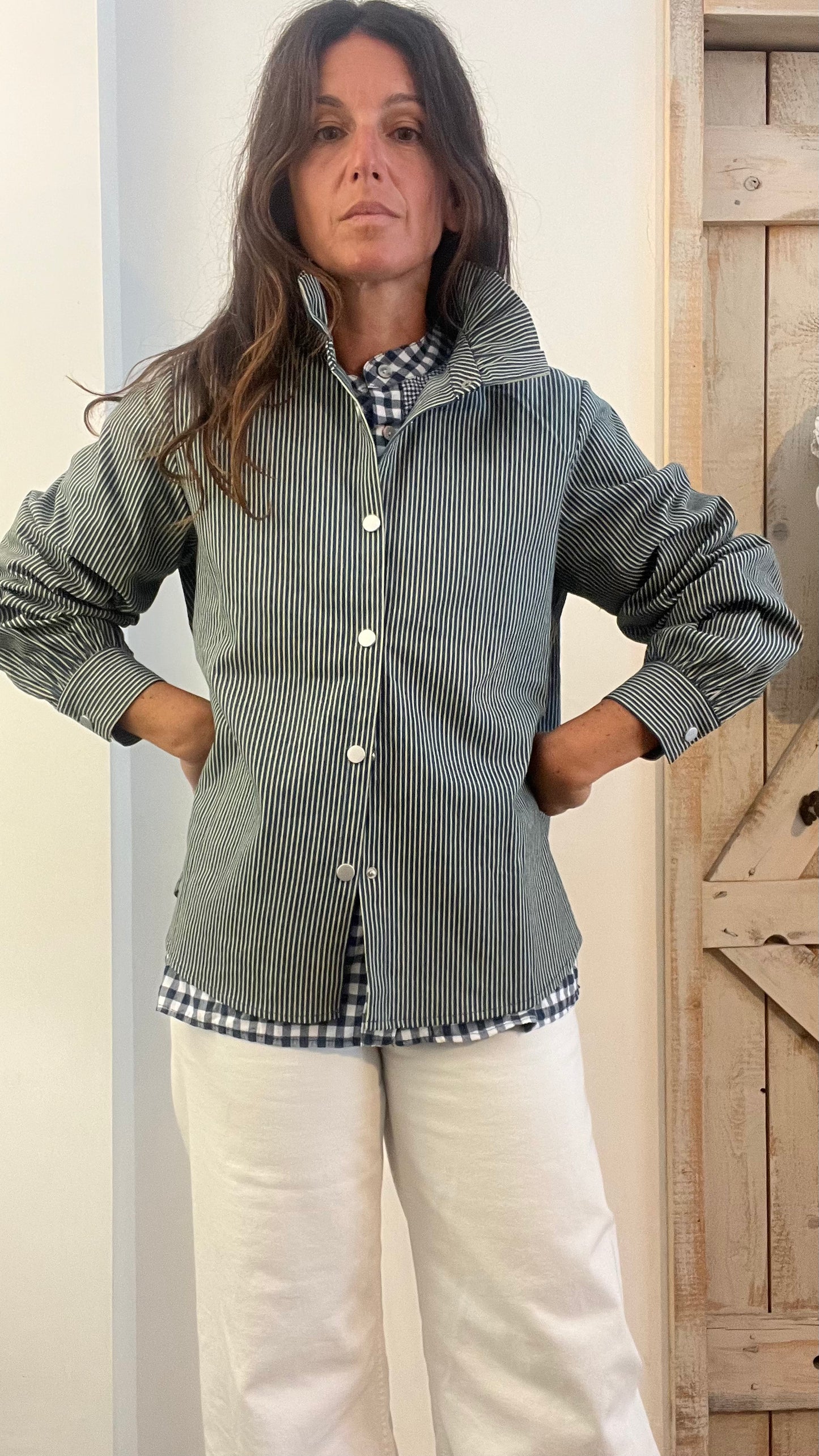 Giacca camicia in cotone denim con micro righe