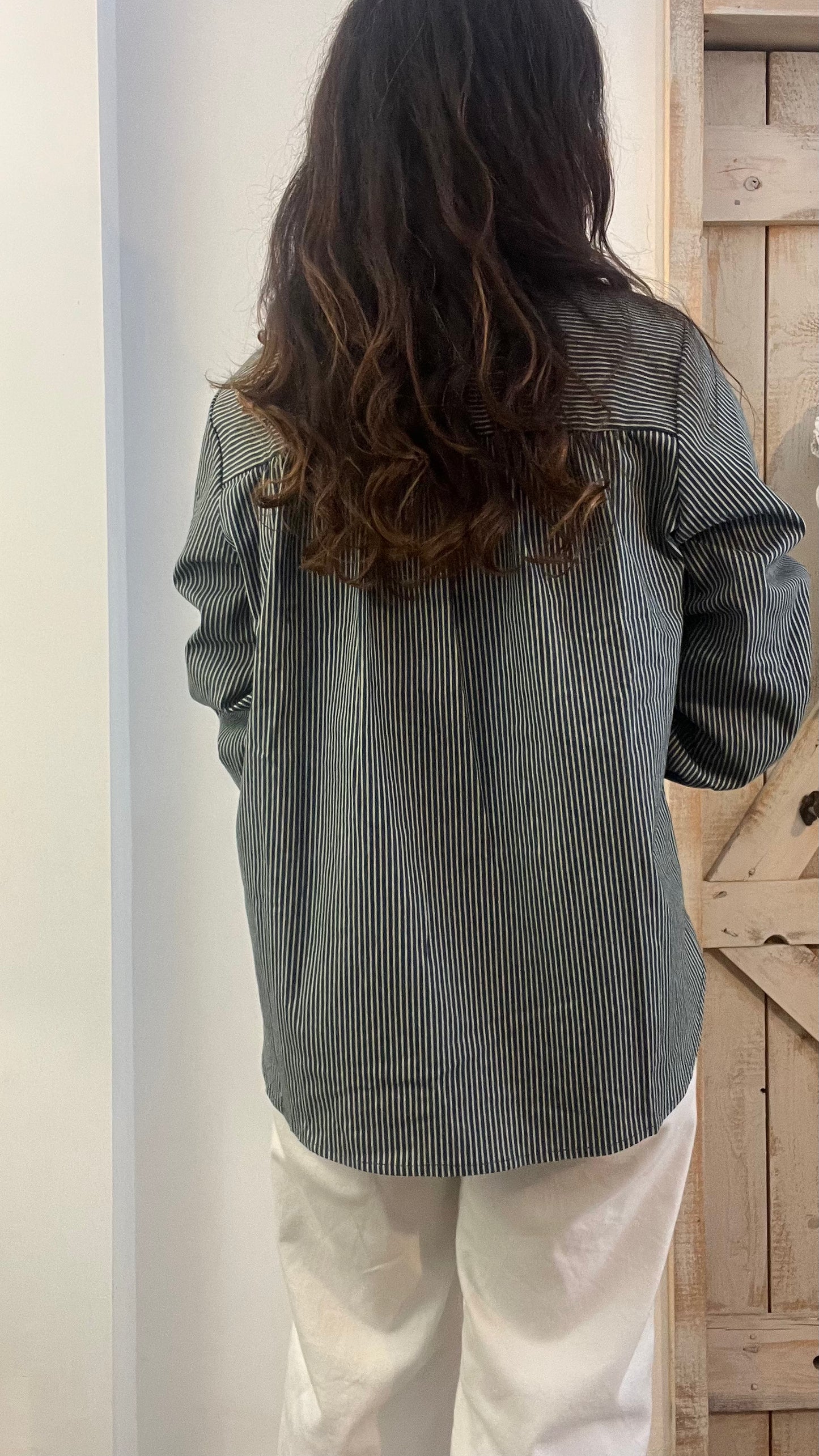 Giacca camicia in cotone denim con micro righe