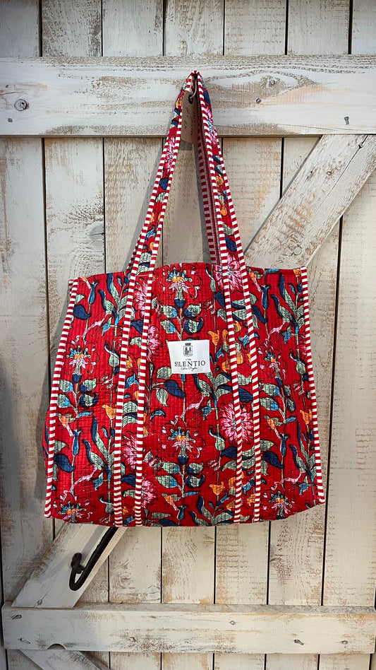 Maxi shopper di cotone padded stampata a mano