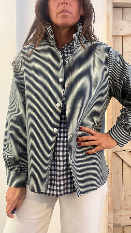 Giacca camicia in cotone denim con micro righe