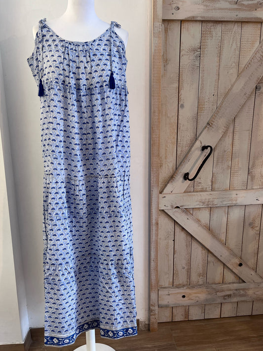 Blossom dress with thin straps and hand-printed tassels